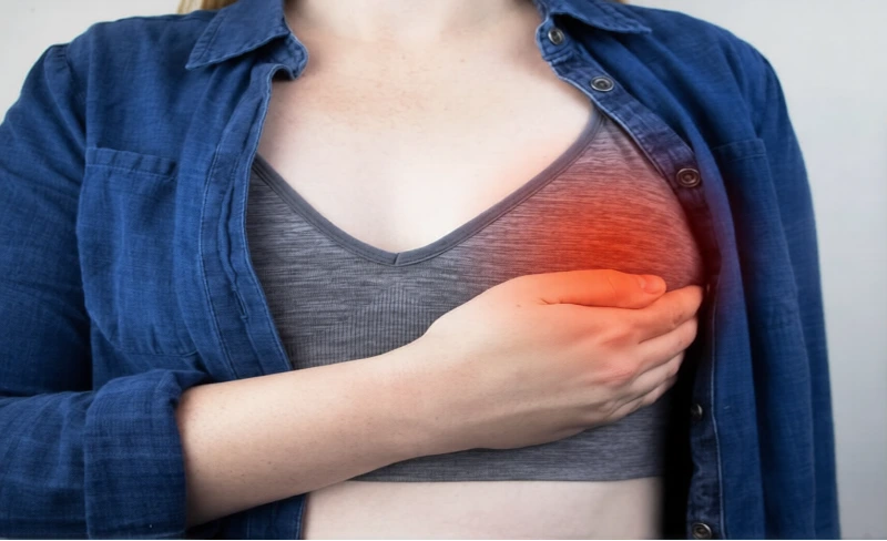 Person pressing their chest in visible discomfort, with a red glow indicating pain to the chest area.