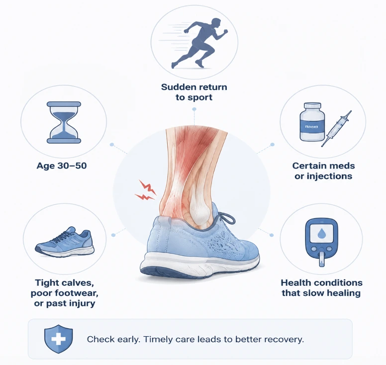Ankle injury infographic: central foot with icons around it labeled age 30–50, tight calves, sudden return to sport, certain meds or injections, and health conditions that slow healing.