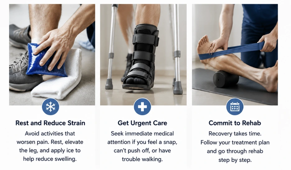 Panel 1: Person applying an ice pack to a swollen foot to rest and reduce strain on injury.