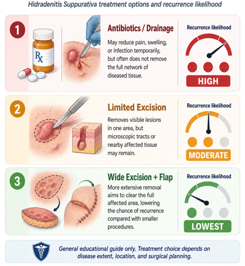 Picture3 - Dr Leena Jain Infographic on hidradenitis suppurativa treatment options and recurrence likelihood: Antibiotics/drainage (high), Limited excision (moderate), Wide excision + flap (lowest).
