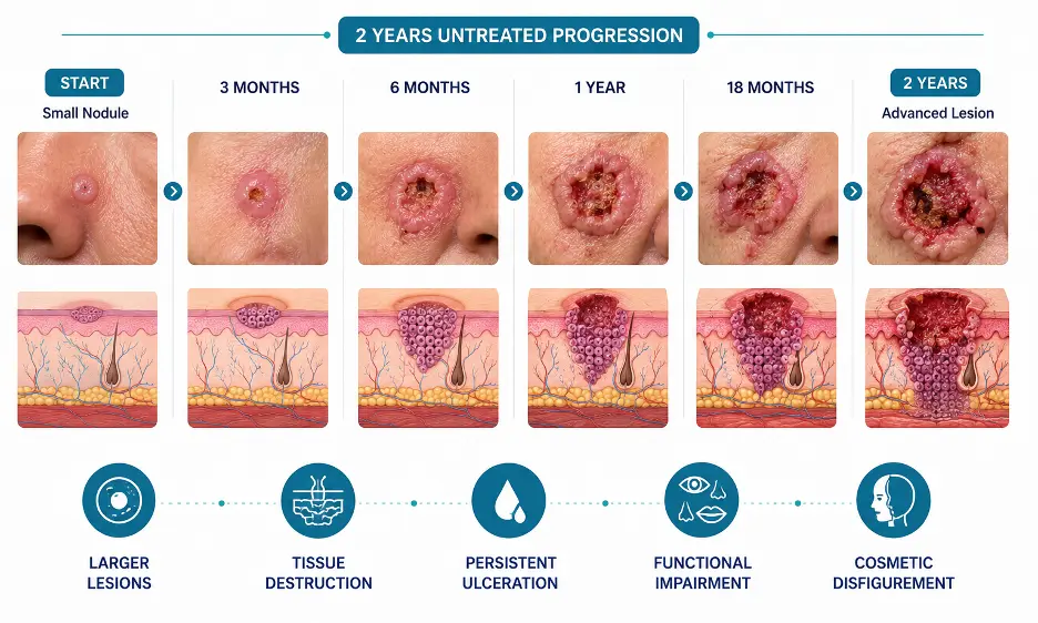 basal2 - Dr Leena Jain Timeline of untreated skin lesion progressing from a tiny facial nodule to a 2-year advanced ulcerated lesion with cross-sectional skin diagrams clearly showing increasing damage and depth of invasion.