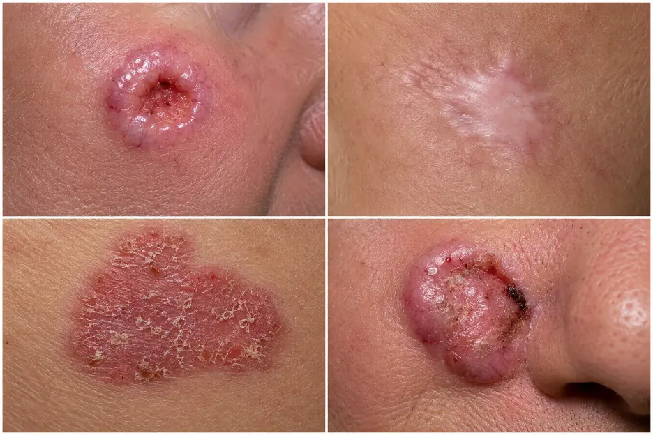 basal3 - Dr Leena Jain Four-panel close-up of facial skin lesions: reddened ulcer with crusts on the left cheek, a pale scar-like patch on the upper right, a crusty red patch with flaking skin on the lower left, and a swollen, crusted bump near the nose on the lower right.