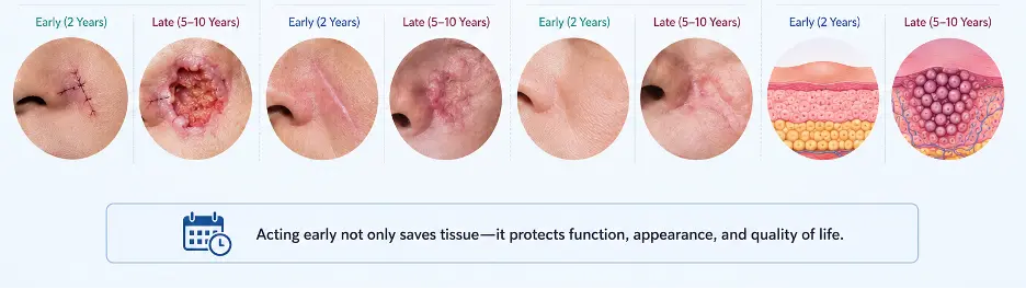 basal5 - Dr Leena Jain Series of circular close-ups showing wound healing progression from early to late stages in children, labeled Early (2 Years) and Late (5–10 Years).