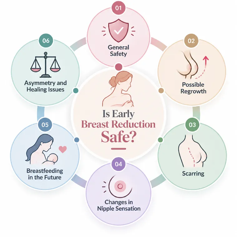 Breast Reduction in Teenagers Picture 3 - Dr Leena Jain Infographic about early breast reduction safety with six factors around a central image of a woman's chest (General Safety, Possible Regrowth, Scarring, Changes in Nipple Sensation, Breastfeeding in the Future, Asymmetry and Healing Issues).