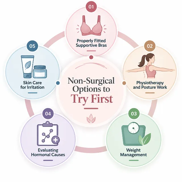 Breast Reduction in Teenagers Picture 4 - Dr Leena Jain Infographic listing five non-surgical options: properly fitted supportive bras; physiotherapy and posture work; weight management; evaluating hormonal causes; skin care for irritation.
