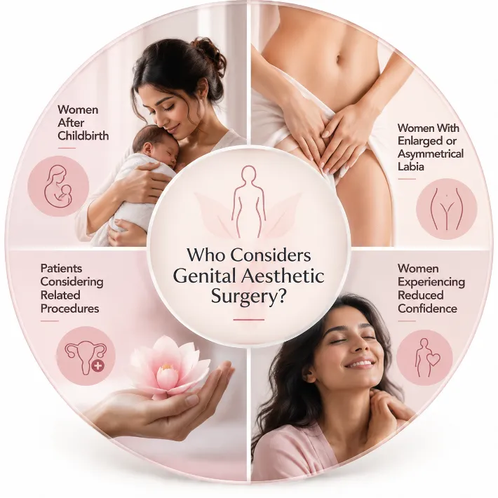 Genital Aesthetic Surgery in Mumbai Picture 2 - Dr Leena Jain Circular infographic about genital aesthetic surgery showing four sections: Women After Childbirth, Women With Enlarged or Asymmetrical Labia, Patients Considering Related Procedures, and Women Experiencing Reduced Confidence, centered by a question in the middle.