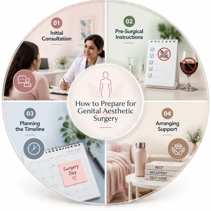 Genital Aesthetic Surgery in Mumbai Picture 3 - Dr Leena Jain Circular infographic outlining 4 steps to prepare for genital aesthetic surgery: Initial Consultation, Pre-Surgical Instructions, Planning the Timeline, Arranging Support (center title).
