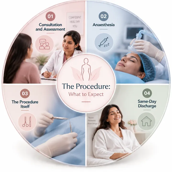 Genital Aesthetic Surgery in Mumbai Picture 4 - Dr Leena Jain Circular medical infographic showing four steps: 01 Consultation and Assessment, 02 Anaesthesia, 03 The Procedure Itself, 04 Same-Day Discharge; central icon reads The Procedure: What to Expect.
