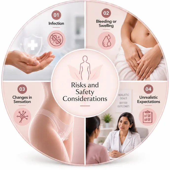 Genital Aesthetic Surgery in Mumbai Picture 5 - Dr Leena Jain Circular infographic titled Risks and Safety Considerations with four segments: Infection, Bleeding or Swelling, Changes in Sensation, Unrealistic Expectations.