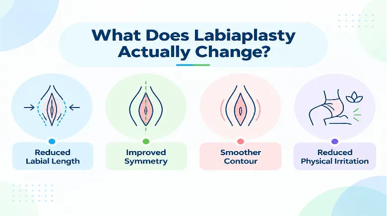 Labiaplasty Before and After Picture 2 - Dr Leena Jain Infographic titled 'What Does Labiaplasty Actually Change?' showing four benefits: reduced labial length, improved symmetry, smoother contour, and reduced physical irritation.