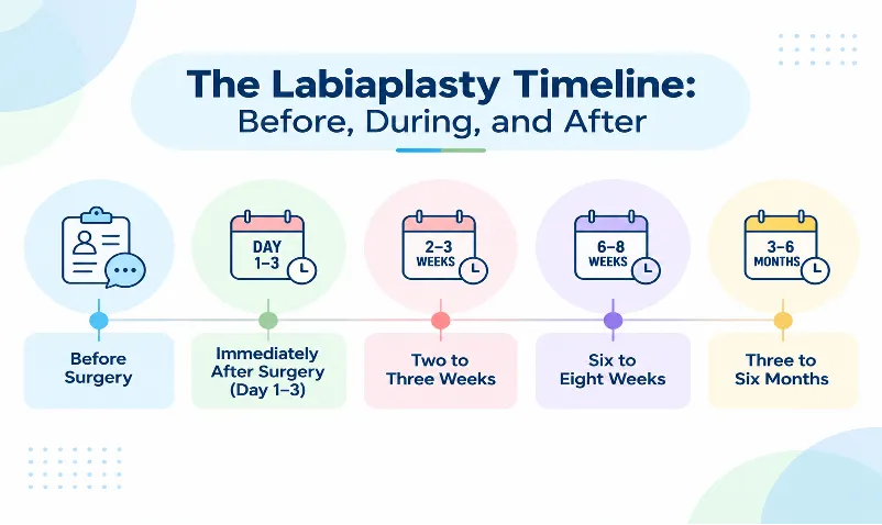 Labiaplasty Before and After Picture 3 - Dr Leena Jain Infographic of the labiaplasty timeline with five stages: Before surgery; 1–3 days after; 2–3 weeks; 6–8 weeks; and 3–6 months.