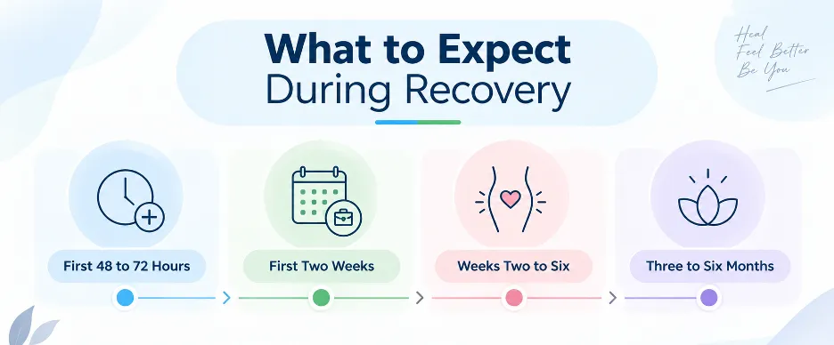 Labiaplasty Before and After Picture 5 - Dr Leena Jain Infographic timeline titled 'What to Expect During Recovery' showing four stages with icons and labels: 48–72 hours, first two weeks, weeks two to six, and three to six months.