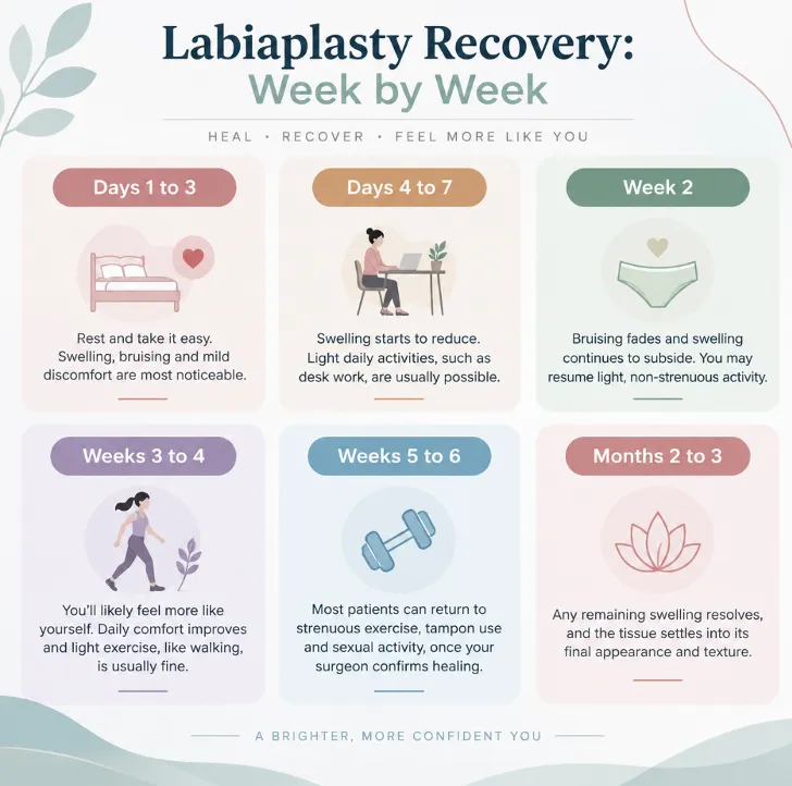 Labiaplasty Recovery Timeline Picture 2 - Dr Leena Jain Infographic summarizing labiaplasty recovery by week: Days 1–3 (rest and light activity), Days 4–7 (light tasks), Week 2 (subtle swelling reduction).