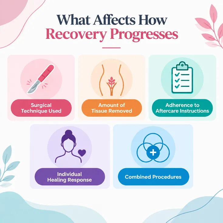 Labiaplasty Recovery Timeline Picture 3 - Dr Leena Jain Infographic showing five factors that affect recovery progress with labeled cards: Surgical Technique Used, Amount of Tissue Removed, Adherence to Aftercare Instructions, Individual Healing Response, and Combined Procedures.