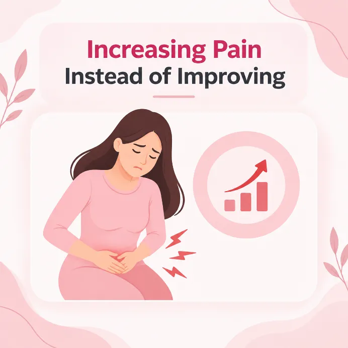 Labiaplasty Recovery Timeline Picture 4 - Dr Leena Jain Illustration of a woman clutching her abdomen in pain, with an upward-trending chart in the background.