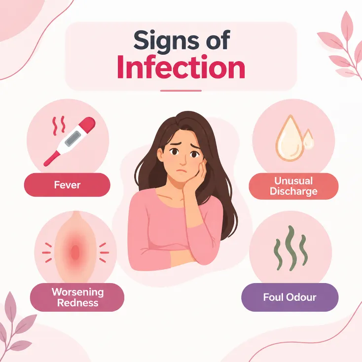 Labiaplasty Recovery Timeline Picture 5 - Dr Leena Jain Central illustration of a worried woman with signs of infection surrounding her: fever thermometer, unusual discharge, worsening redness, and foul odor icons.