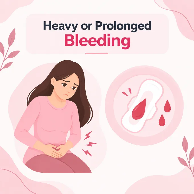 Labiaplasty Recovery Timeline Picture 6 - Dr Leena Jain Informational image about heavy or prolonged bleeding; worried woman sits clutching her abdomen on a pink illustration background.