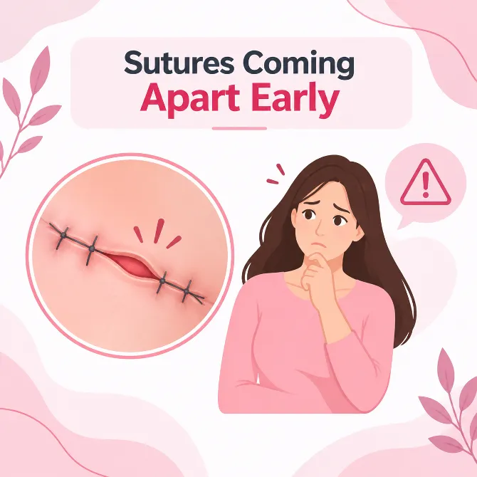 Labiaplasty Recovery Timeline Picture 7 - Dr Leena Jain Worried woman in a pink sweater beside a close-up illustration of a stitched surgical incision that has started to come apart.